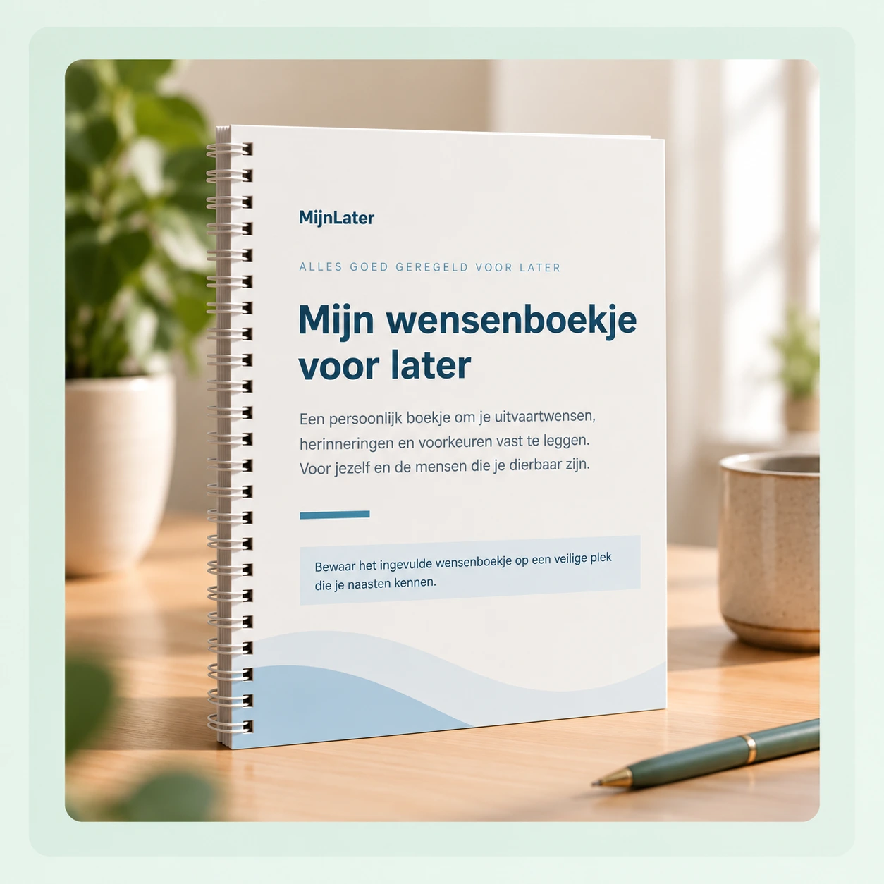 Gedrukt MijnLater uitvaartwensenboek met A4-spiraalbinding en de originele blauwe omslag